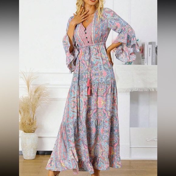Boho Floral Print Paisley Flare Sleeve Ruffle Hem Maxi Dress - Picture 9 of 11